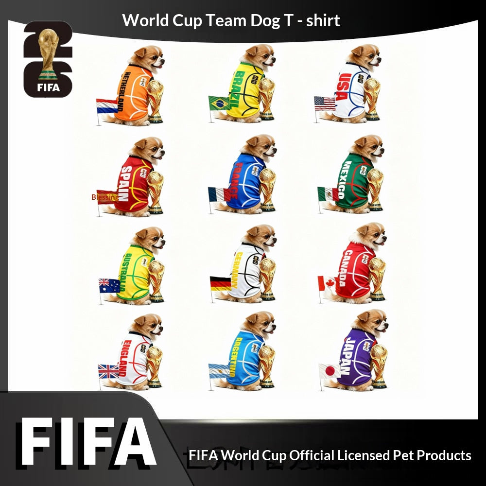 FIFA officially licensed pet supplies, comfortable dog clothes and T-shirts in various sizes from different countries to support the World Cup