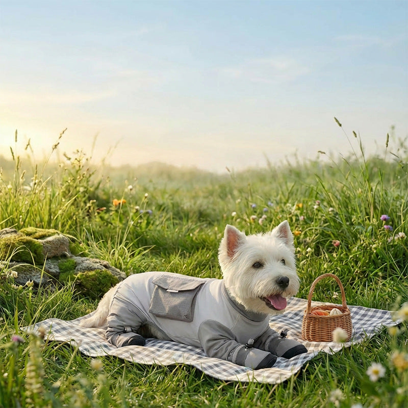 Dog dustproof pants, plaid leash, spring/summer, full-coverage, footed, outdoor, dirt-proof, waterproof pet clothing