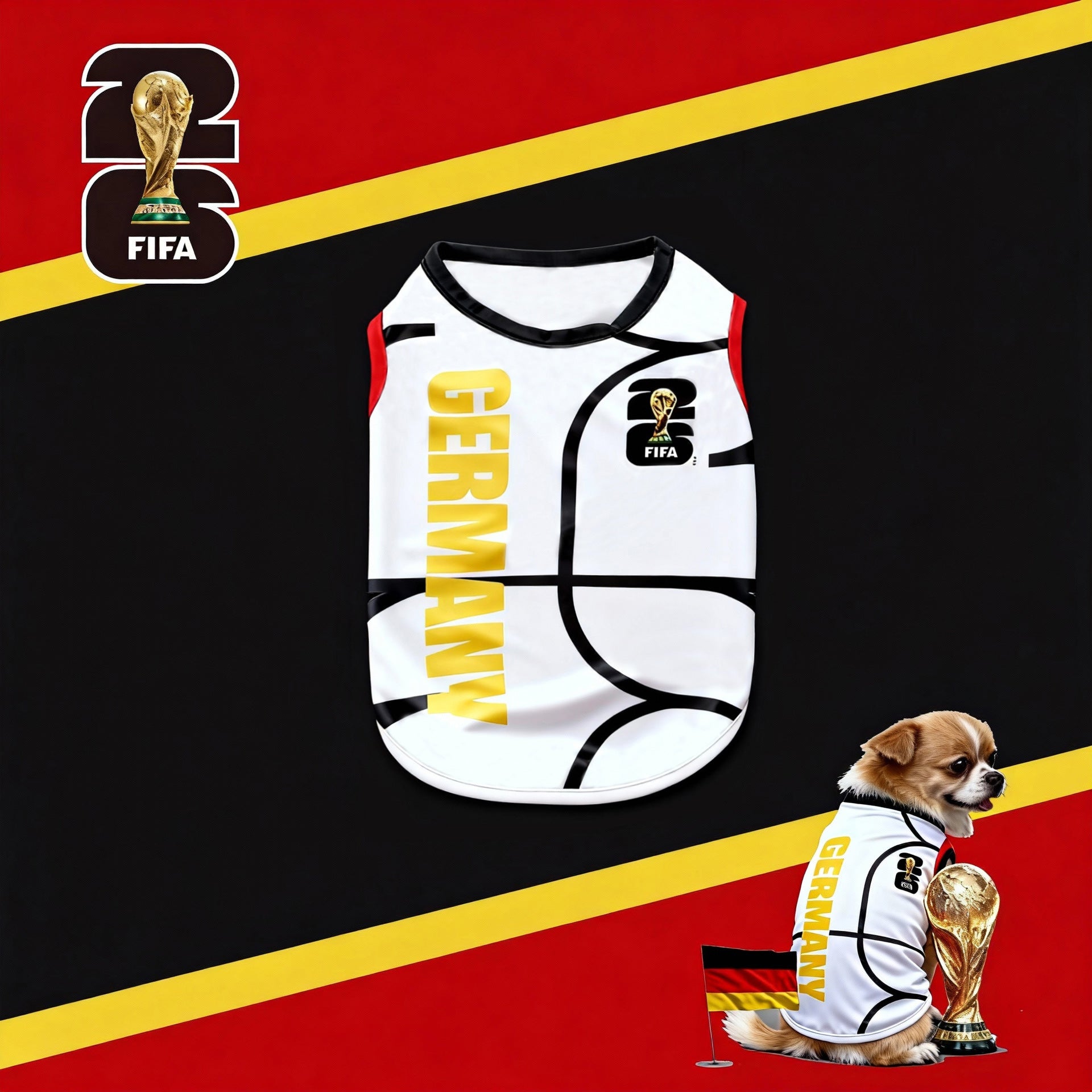 FIFA officially licensed pet supplies, comfortable dog clothes and T-shirts in various sizes from different countries to support the World Cup