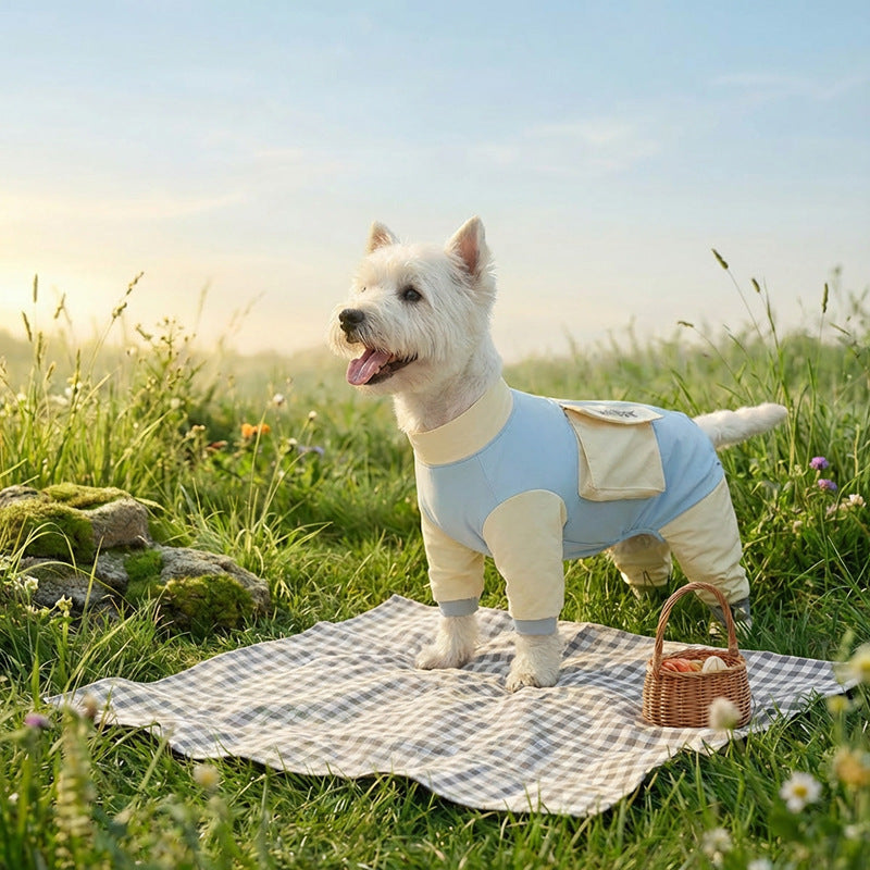 Dog dustproof pants, plaid leash, spring/summer, full-coverage, footed, outdoor, dirt-proof, waterproof pet clothing