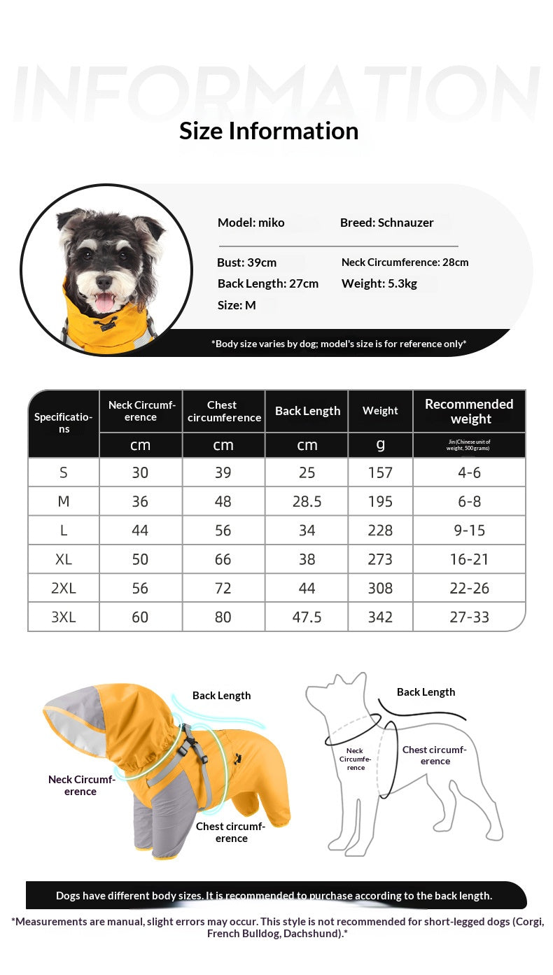Waterproof raincoat for dogs, four-legged, full-coverage, suitable for large Golden Retrievers, outdoor use, and to protect pets from dirt