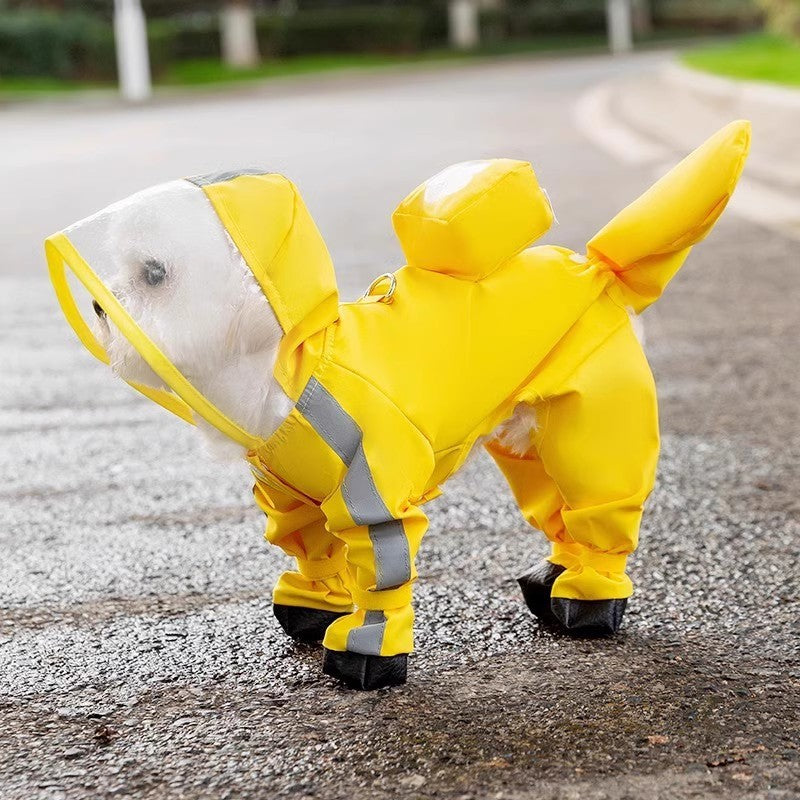 Rainy day four-legged waterproof 3D dinosaur tail dog Teddy dog raincoat medium and large dog Golden Retriever pet raincoat