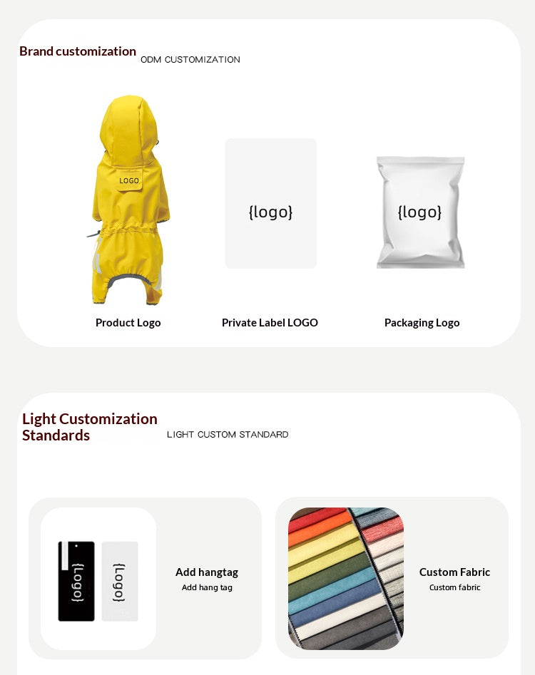 Factory direct customization of outdoor waterproof four-legged dog raincoats, OEM and private label hooded dog clothes