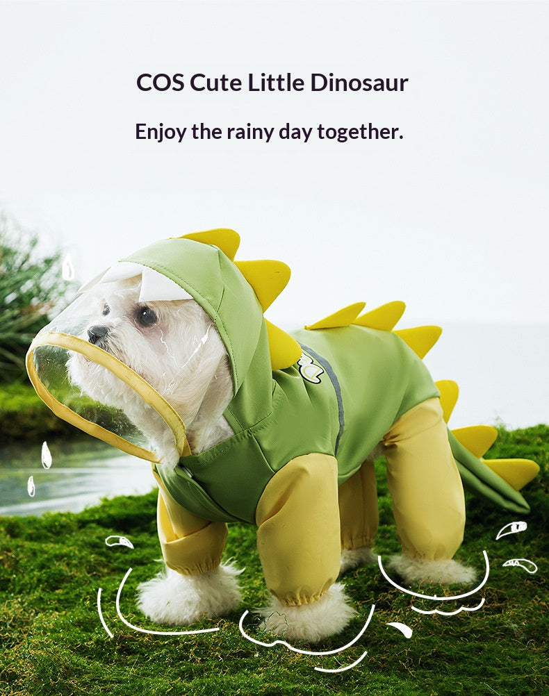 Rainy day four-legged waterproof 3D dinosaur tail dog Teddy dog raincoat medium and large dog Golden Retriever pet raincoat