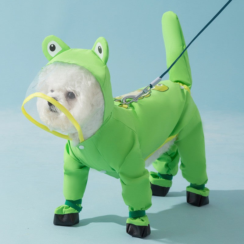 Rainy day four-legged waterproof 3D dinosaur tail dog Teddy dog raincoat medium and large dog Golden Retriever pet raincoat