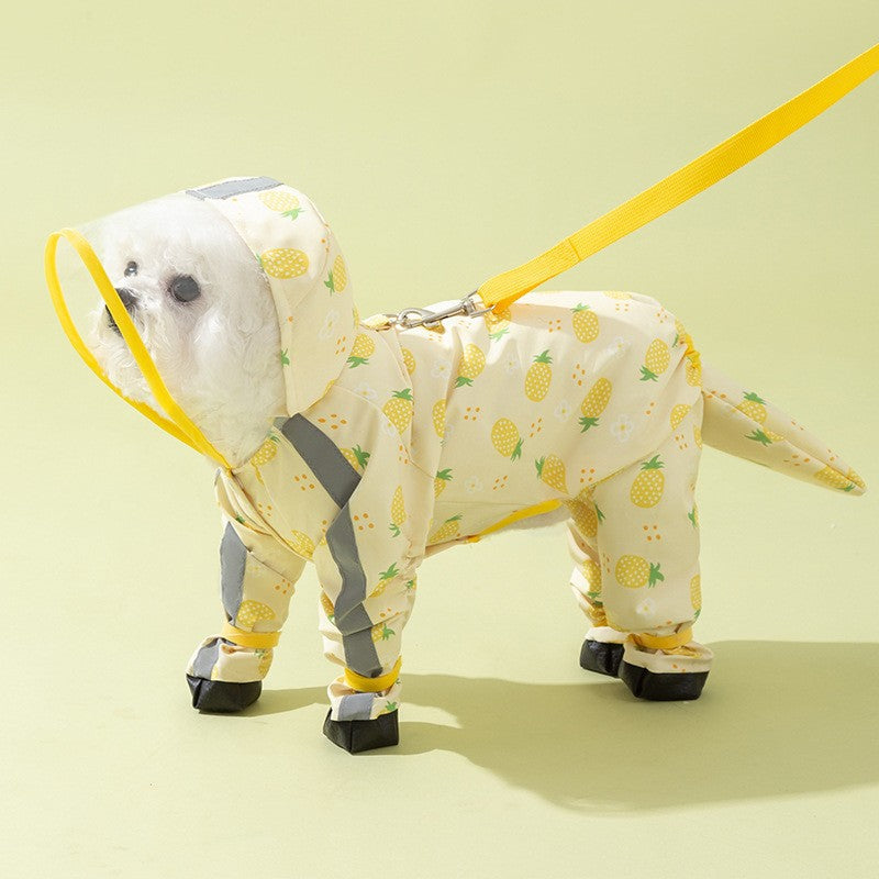 Rainy day four-legged waterproof 3D dinosaur tail dog Teddy dog raincoat medium and large dog Golden Retriever pet raincoat