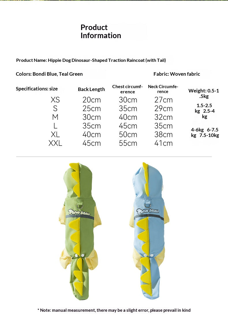 Rainy day four-legged waterproof 3D dinosaur tail dog Teddy dog raincoat medium and large dog Golden Retriever pet raincoat