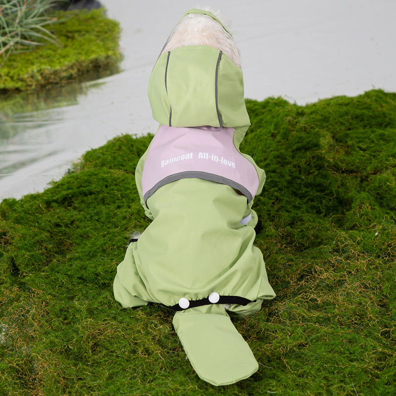 Rainy day four-legged waterproof 3D dinosaur tail dog Teddy dog raincoat medium and large dog Golden Retriever pet raincoat