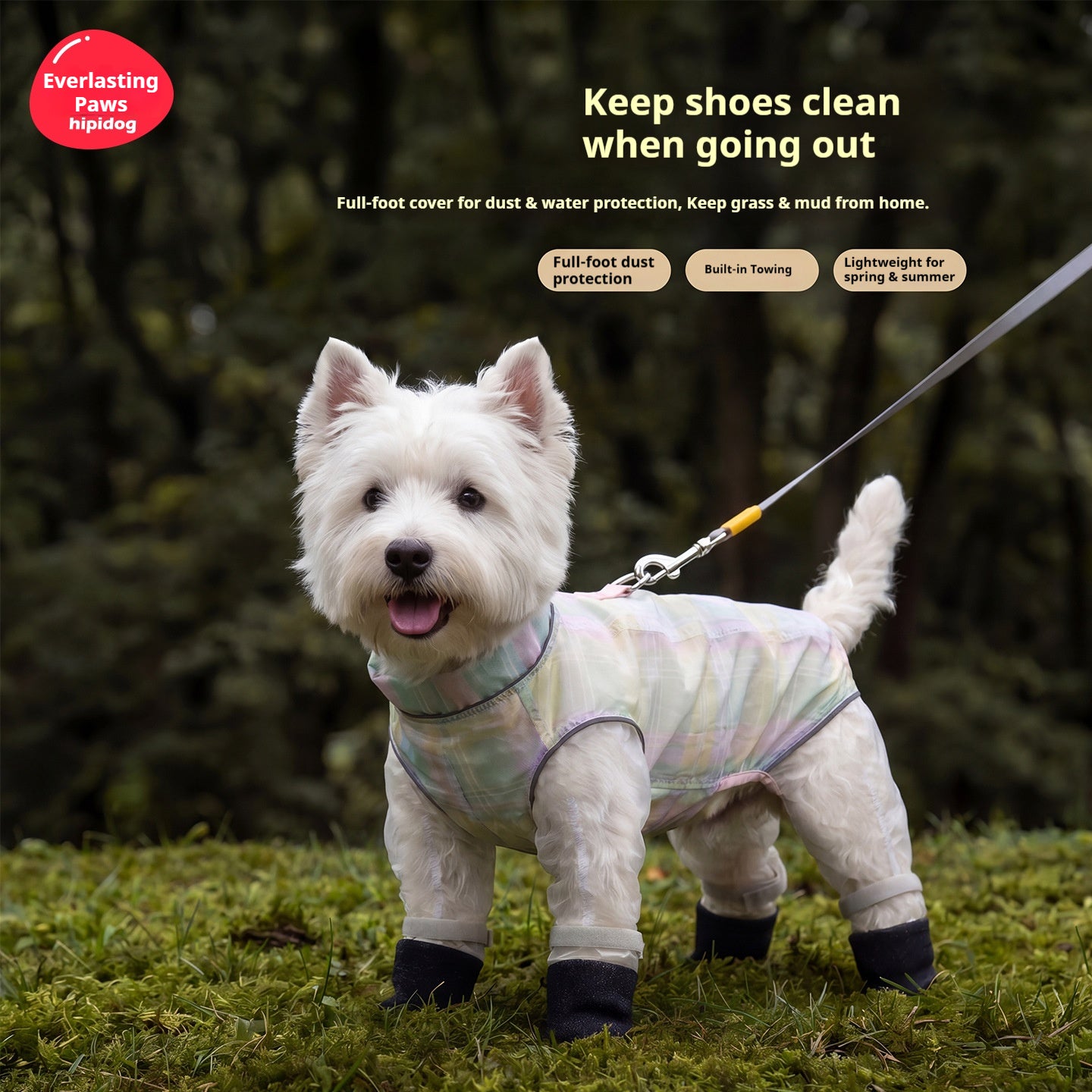 Dog dustproof pants, plaid leash, spring/summer, full-coverage, footed, outdoor, dirt-proof, waterproof pet clothing