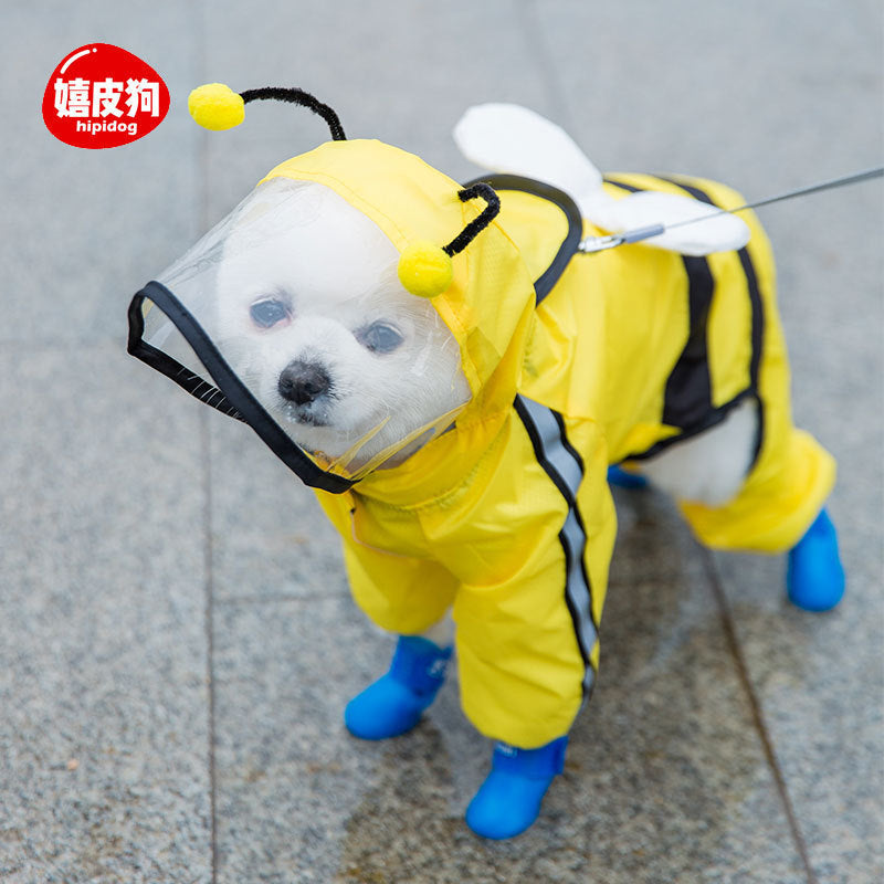 Rainy day four-legged waterproof 3D dinosaur tail dog Teddy dog raincoat medium and large dog Golden Retriever pet raincoat