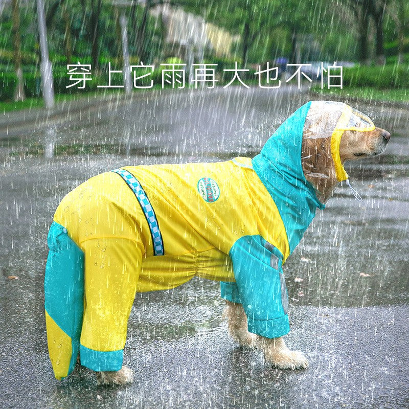 Rainy day four-legged waterproof 3D dinosaur tail dog Teddy dog raincoat medium and large dog Golden Retriever pet raincoat