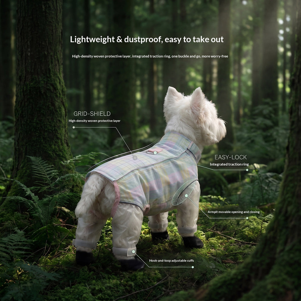 Dog dustproof pants, plaid leash, spring/summer, full-coverage, footed, outdoor, dirt-proof, waterproof pet clothing