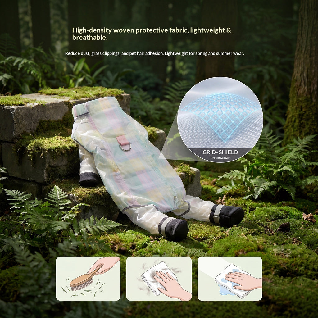 Dog dustproof pants, plaid leash, spring/summer, full-coverage, footed, outdoor, dirt-proof, waterproof pet clothing