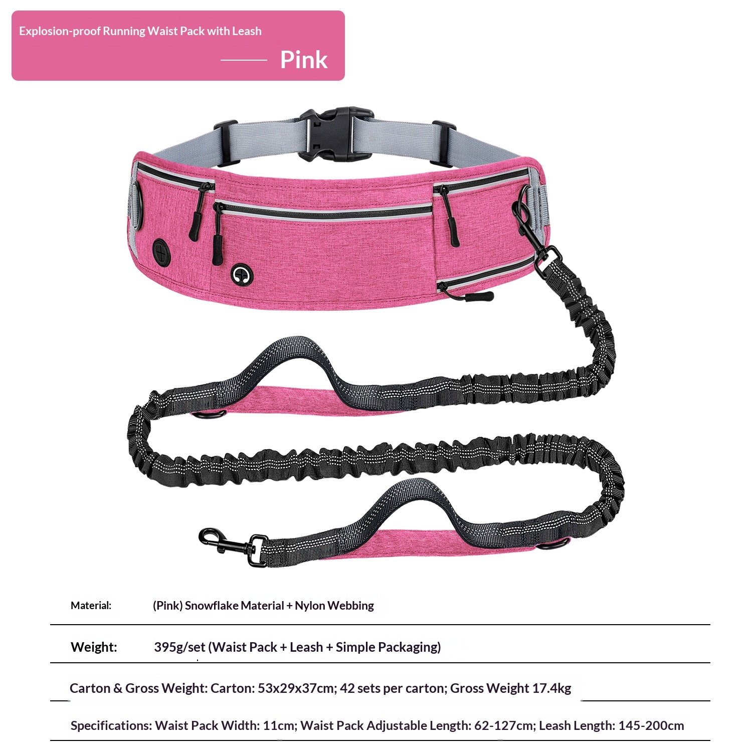 Cross-border explosion-proof running dog leash, nylon reflective multi-functional stretchable sports waist bag, pet leash