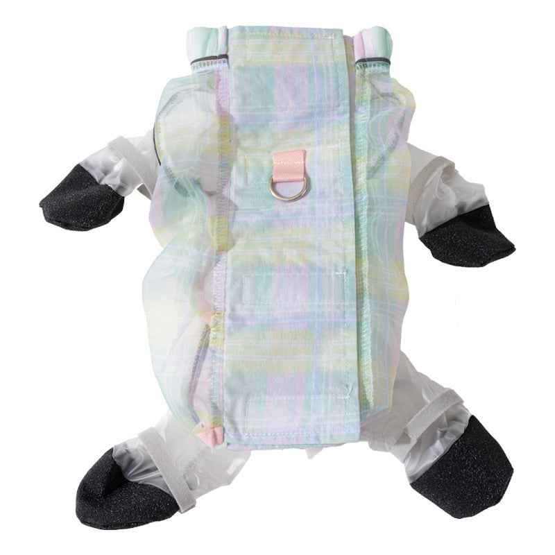 Dog dustproof pants, plaid leash, spring/summer, full-coverage, footed, outdoor, dirt-proof, waterproof pet clothing