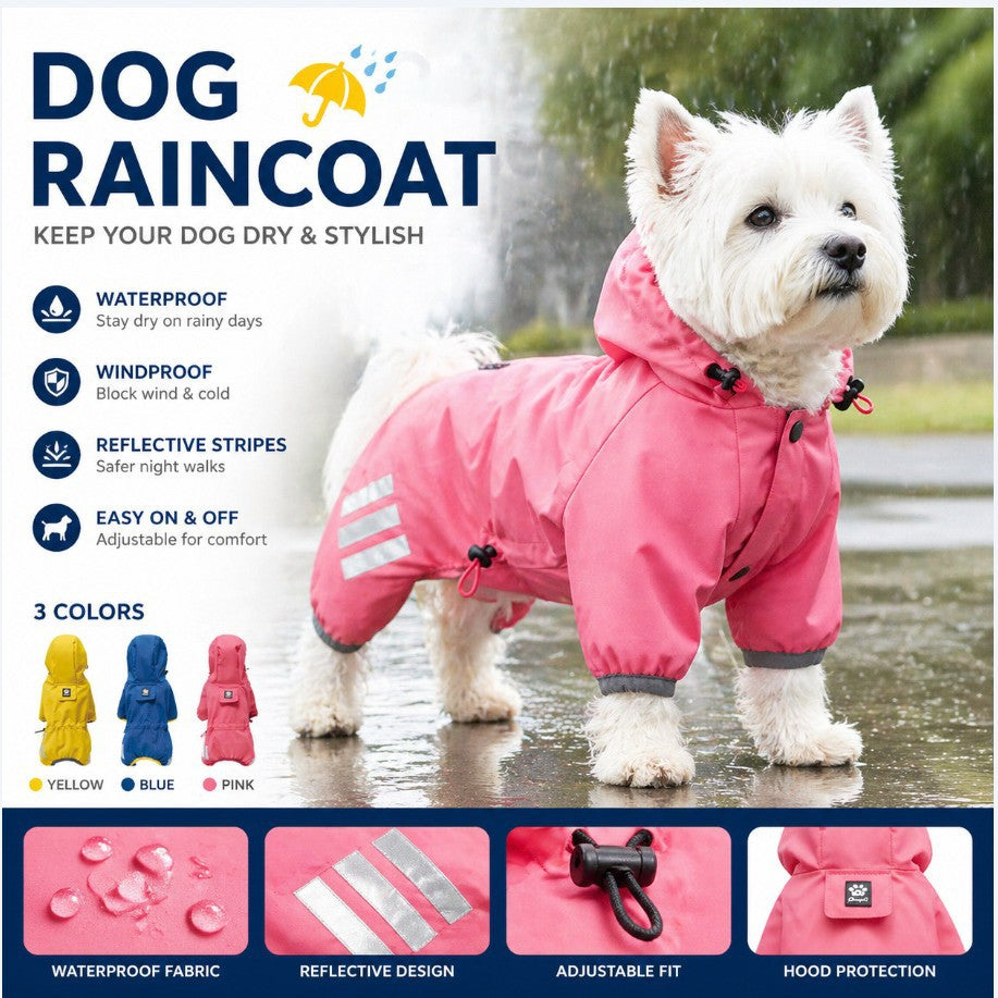 Factory direct customization of outdoor waterproof four-legged dog raincoats, OEM and private label hooded dog clothes